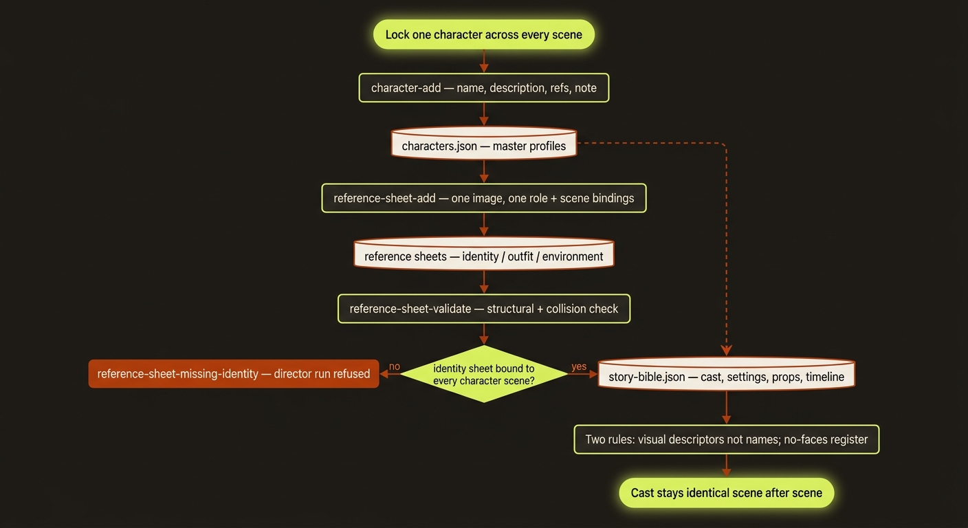 how character consistency is kept across scenes: define character profiles, generate reference sheets, lock identity (Seedance Asset Library / go-bananas character), the story bible carries the cast a