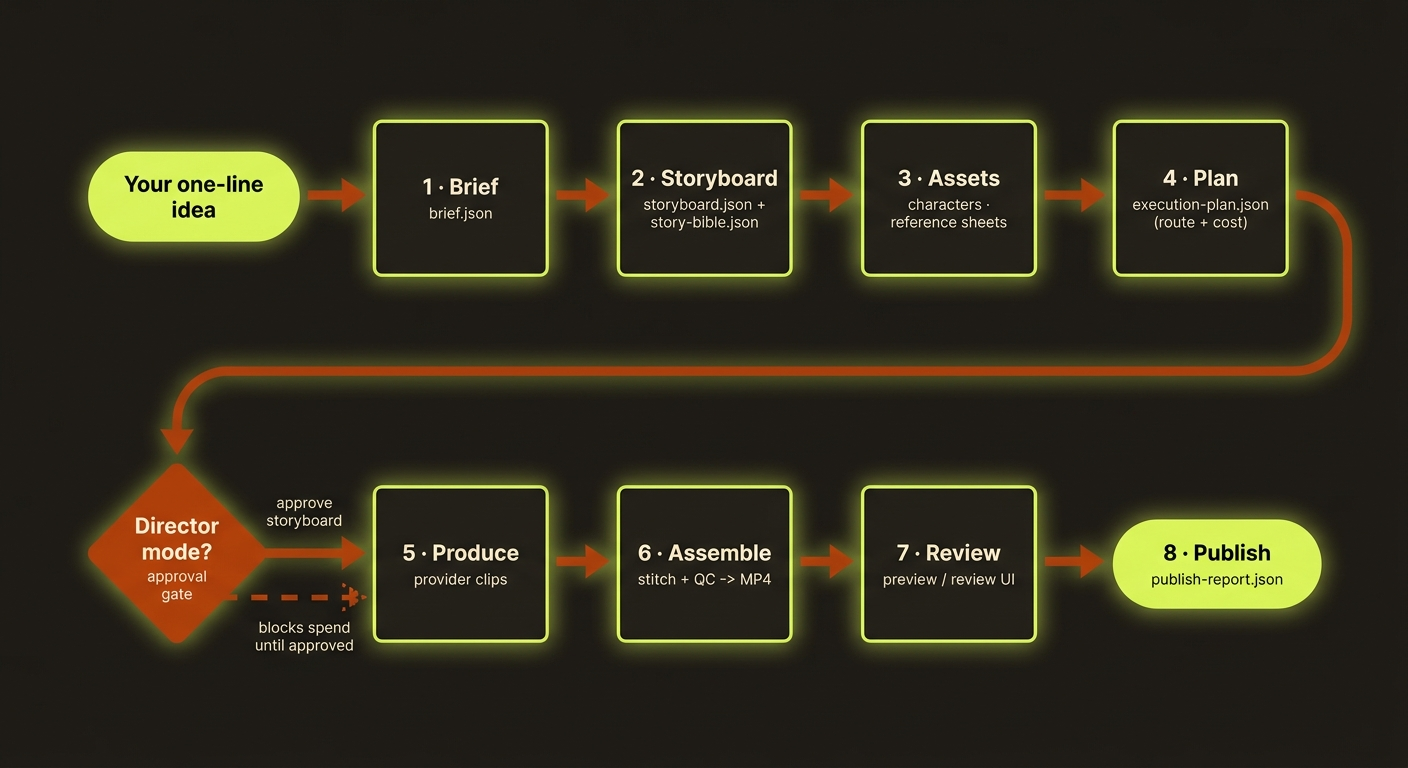 How videoclaw works — eight stages from a one-line idea through brief, storyboard, assets, plan, the approval gate, produce, assemble, review and publish