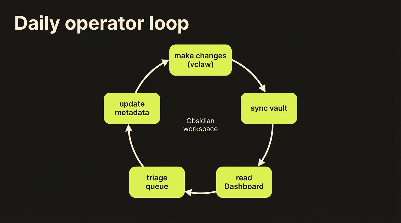 Daily operator loop — five-step circular workflow: make changes via vclaw, sync vault, read Dashboard, triage queue, update metadata, then back to making changes