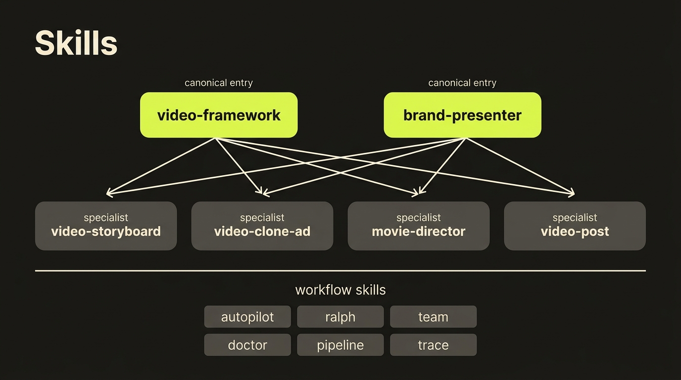 Skills ecosystem map showing video-framework and brand-presenter as canonical entry points with specialist children, plus a grid of workflow skills