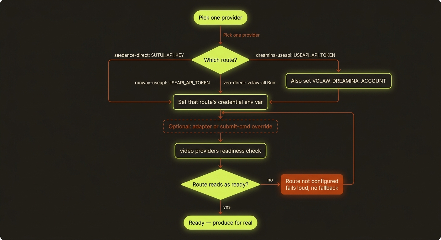 how to CONNECT a video provider (setup, not routing internals): choose a route, set that route's credential/env var, optional adapter or submit-cmd override, verify availability with provider status
