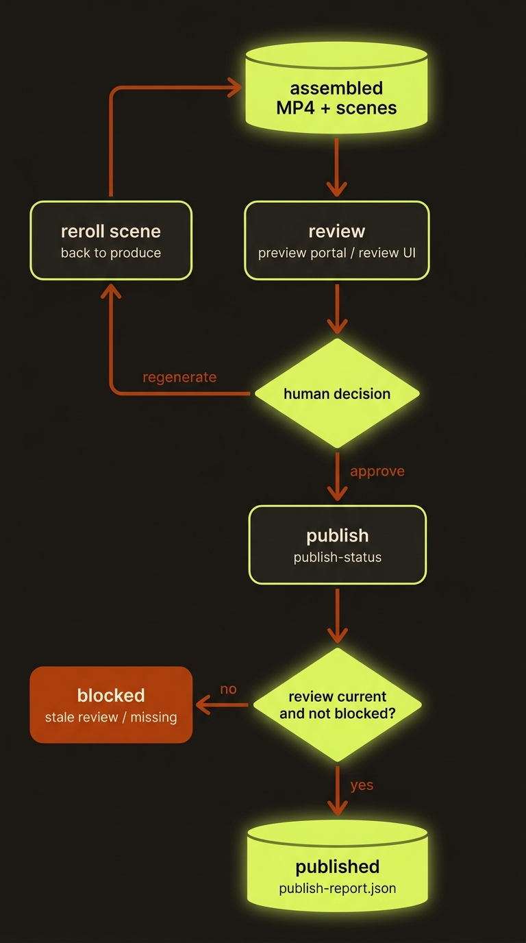 From the assembled MP4 through review, the human decision to regenerate or approve, then the publish status gate to a published publish-report