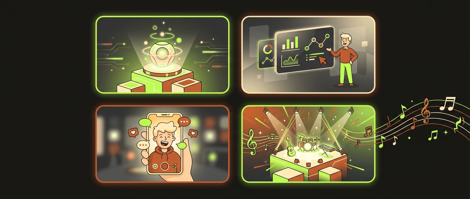 Examples of videos you can make: product ad, presenter explainer, UGC selfie video, music video